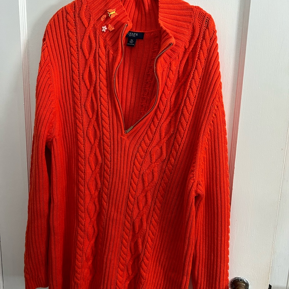 Chaps Vibrant Orange Quarter Zip Sweater 3X Y2K 100% Cotton